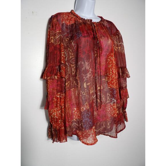Frye and Co XXL Shirt Top Blouse Sheer Red Ruffle Boho Gauzy Layers Beach Festiv - Picture 3 of 9